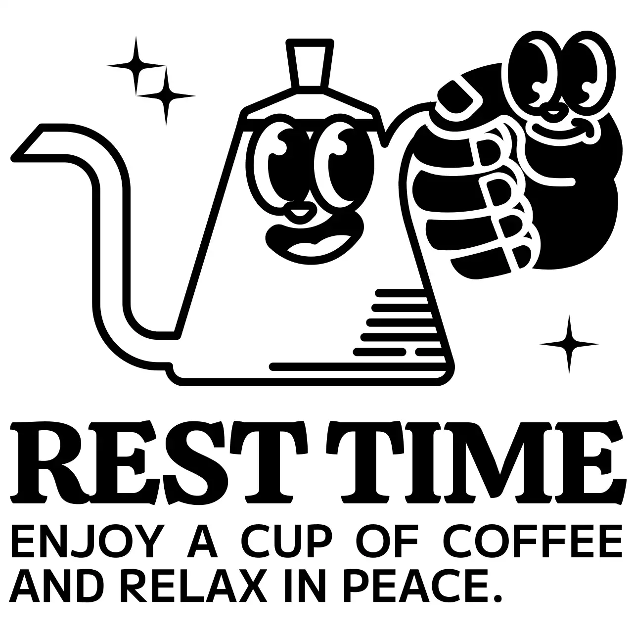 黒と白のキュートでヒップなコーヒーポットのキャラクターとテキストの組み合わせロゴスタイル カフェの宣伝・販促用