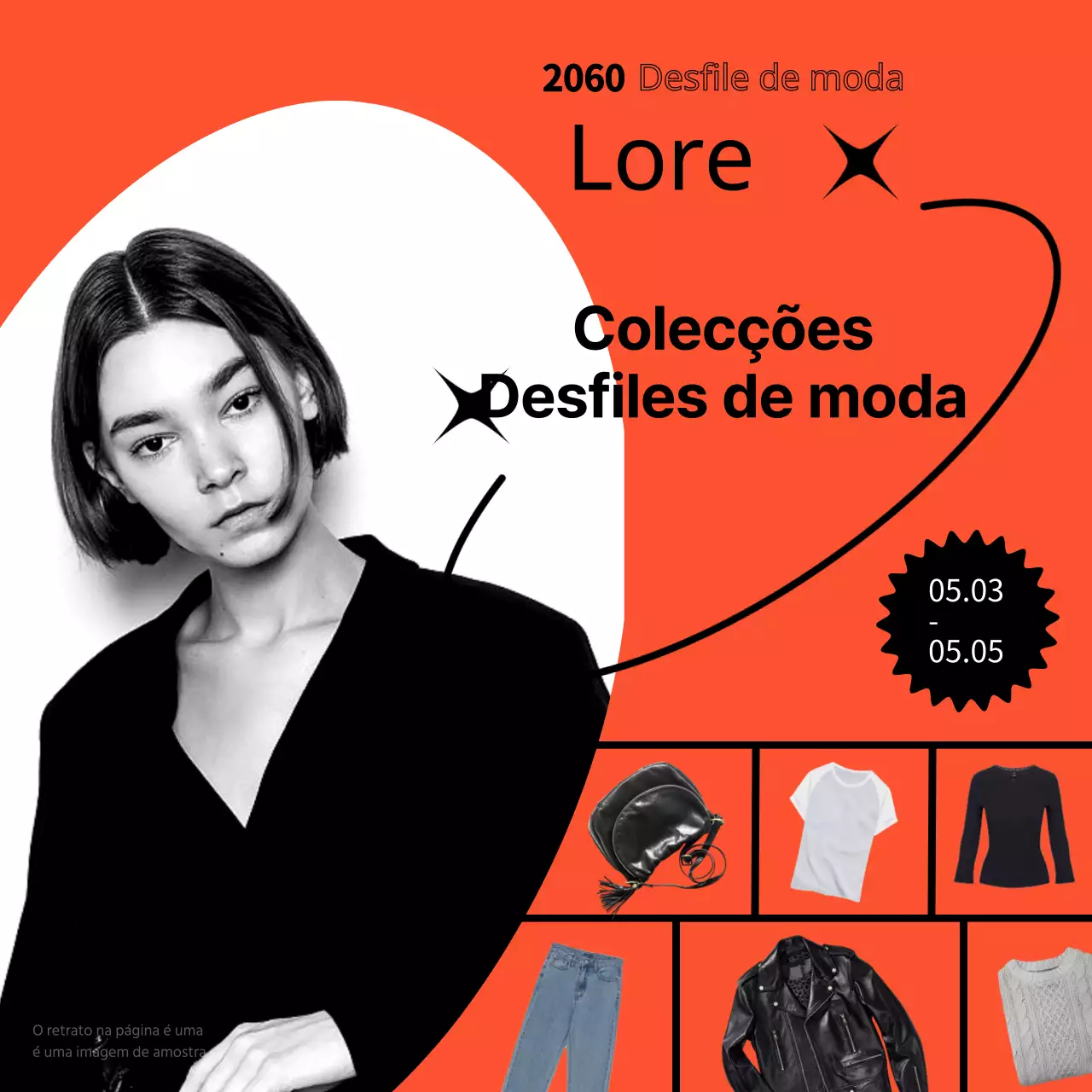Promover um desfile de moda para uma coleção de roupa feminina laranja e preta