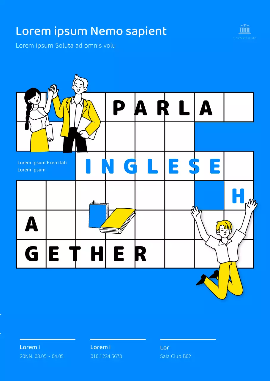 Design per il reclutamento di un club di conversazione inglese con illustrazione al tratto e schema di colori blu