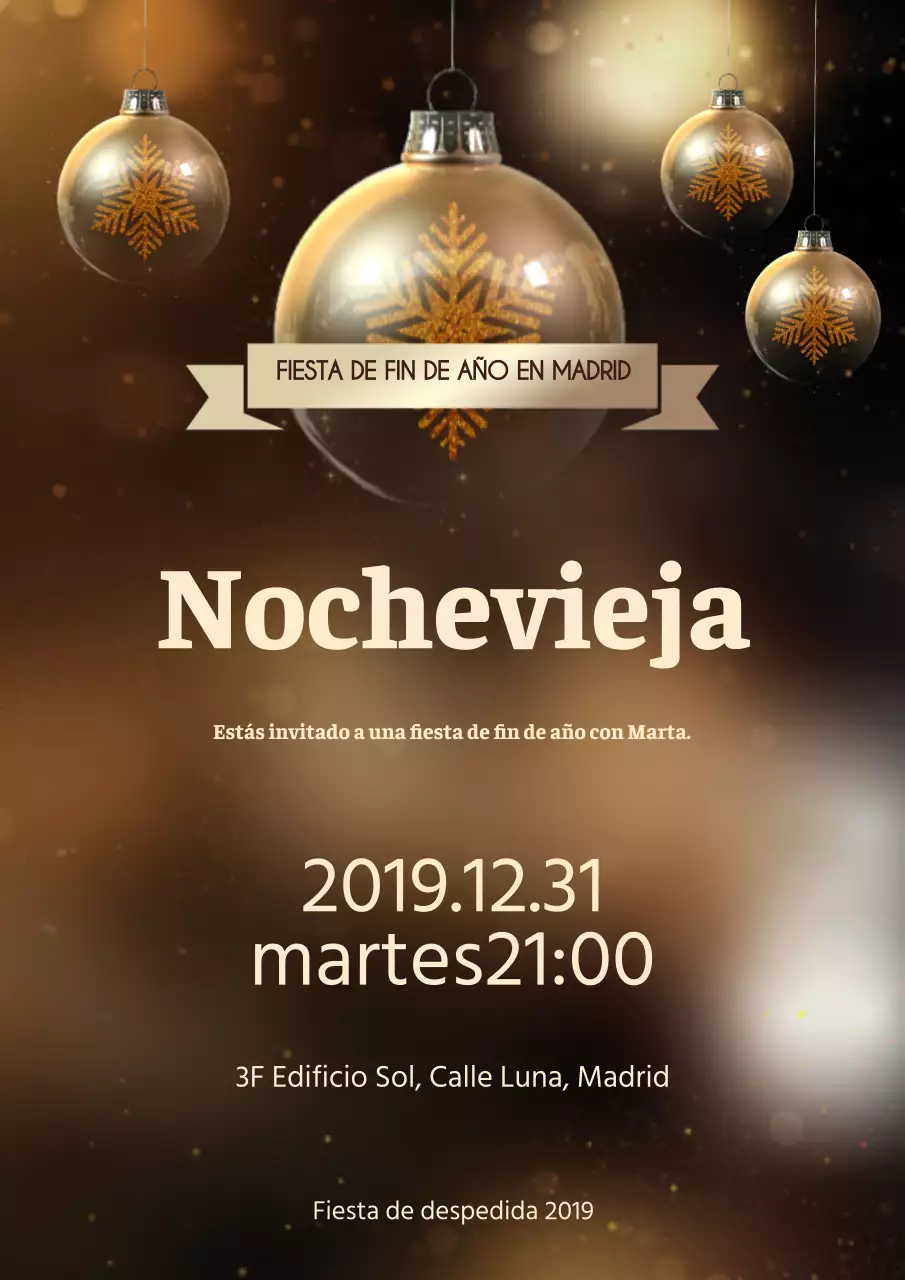 Folleto para una glamurosa fiesta corporativa de fin de año en tonos dorados.