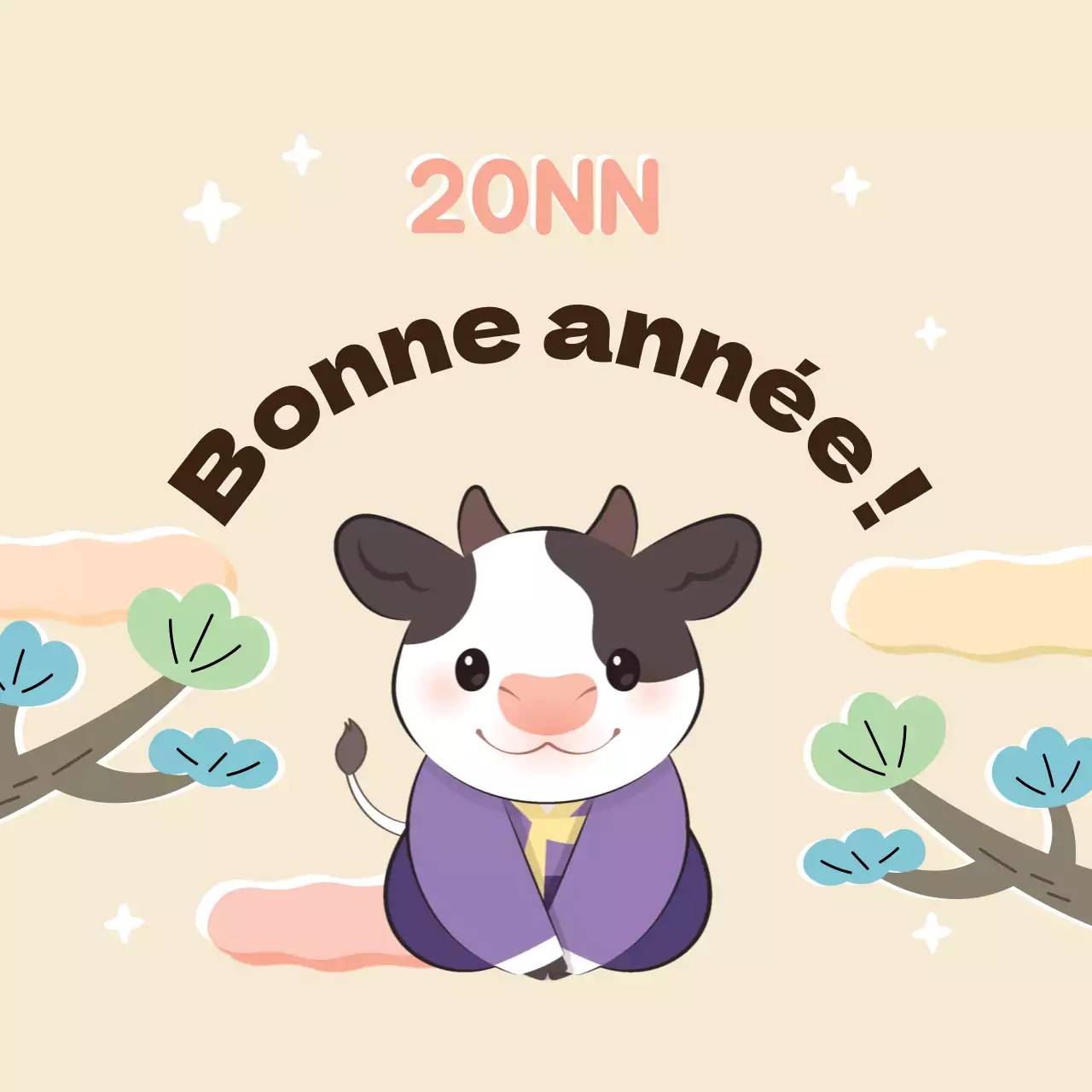 Étiquette de vœux pour la nouvelle année, illustration mauve et rose