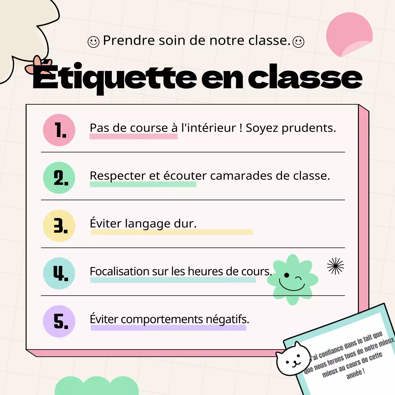 Matériel promotionnel pour le règlement de la classe avec des graffitis jaunes et colorés.