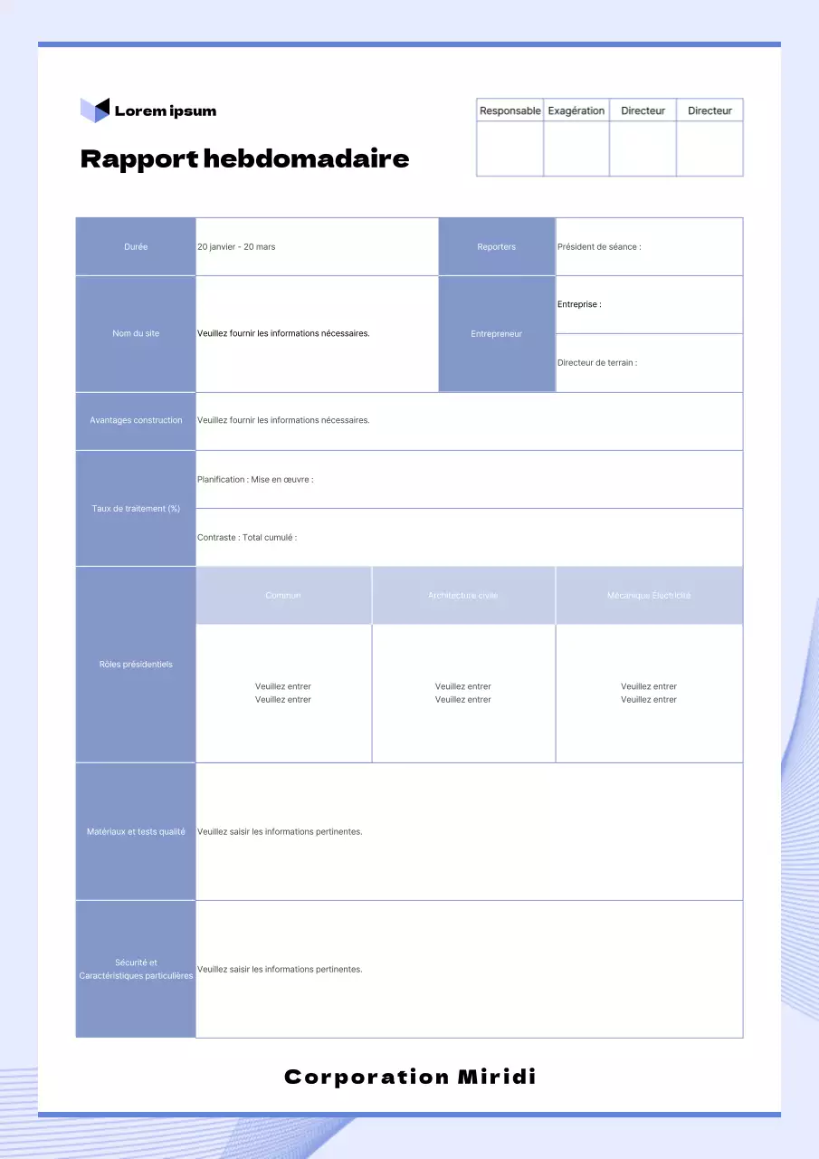 Modèle de rapport de travail hebdomadaire pour le bureau de l'entreprise en bluetone