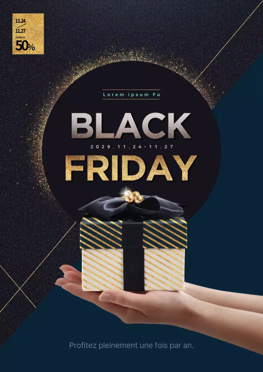 Promouvoir une vente de classe pour le vendredi noir avec des boîtes-cadeaux noires et dorées