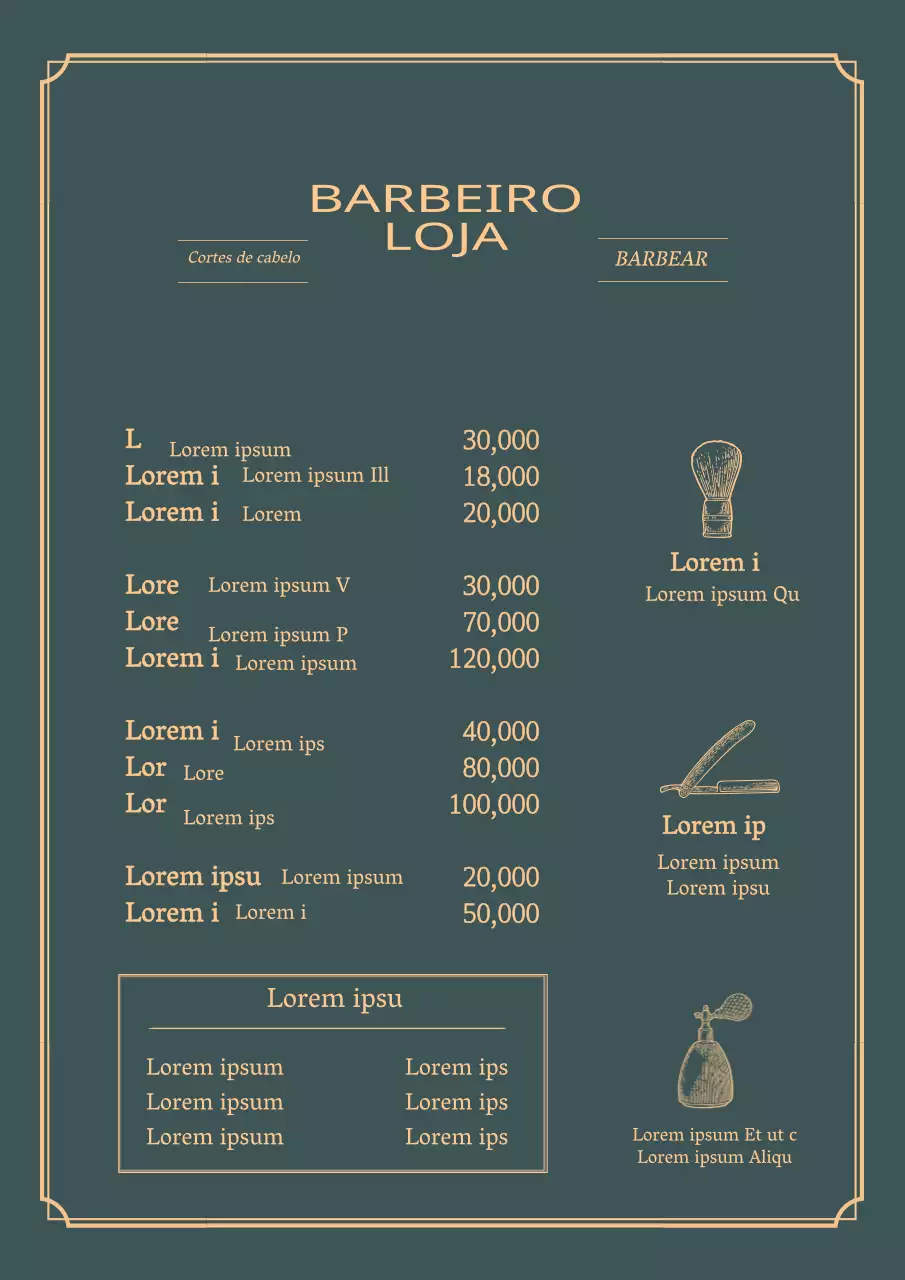 Menu de salão de beleza vintage com ilustração verde amarela