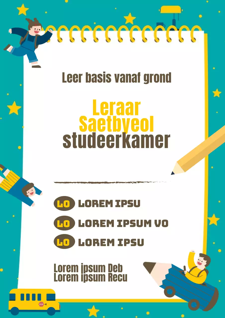Promoot een wiskundeschool met turquoise en gele sterren en schattige kinderfiguurtjes