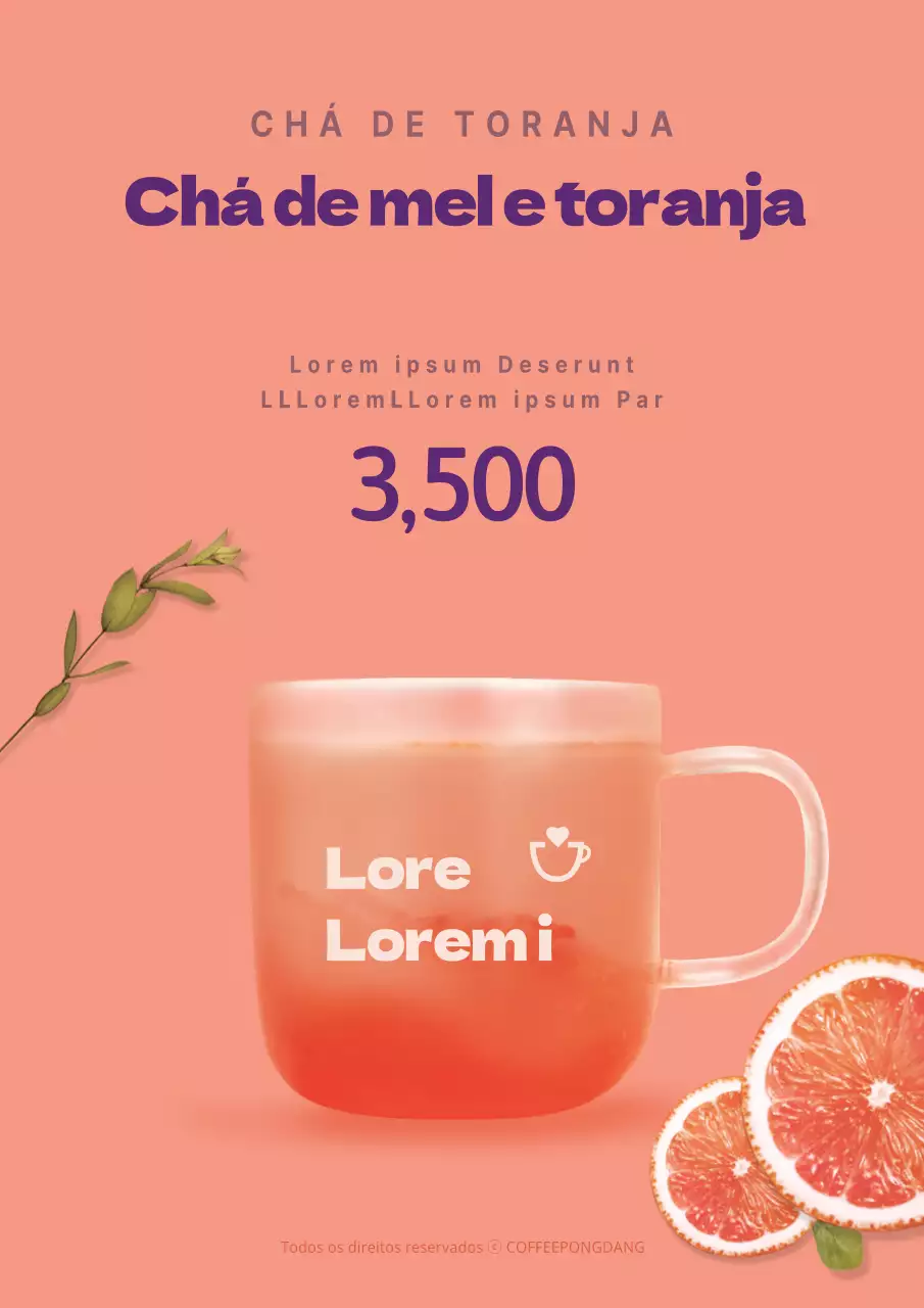 Promover um menu de café simples e com classe com uma fotografia de uma toranja laranja e de um chá de toranja