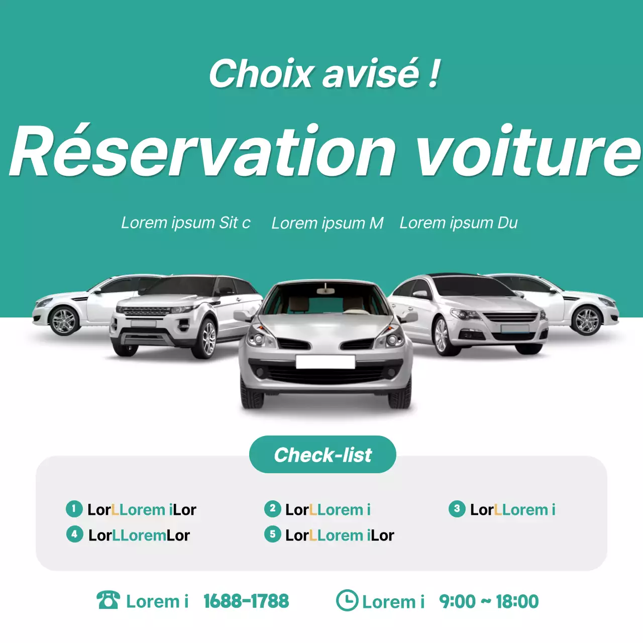 Promotions et événements liés à la location de voitures en bleu, vert et blanc (carrés de médias sociaux)