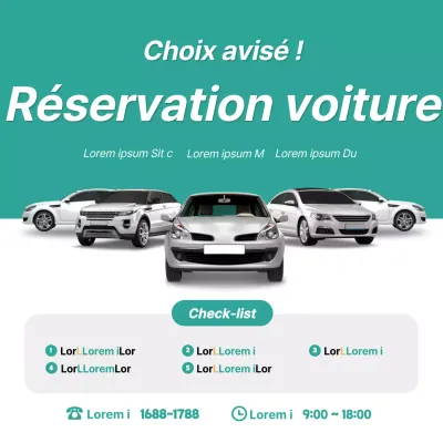 Promotions et événements liés à la location de voitures en bleu, vert et blanc (carrés de médias sociaux)