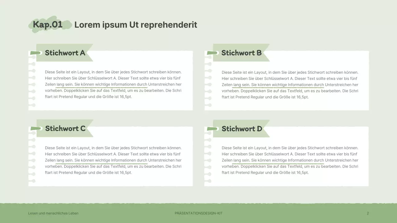 Präsentationsmappe mit gefühlvollen handgezeichneten Buchillustrationen in Braun und Grün