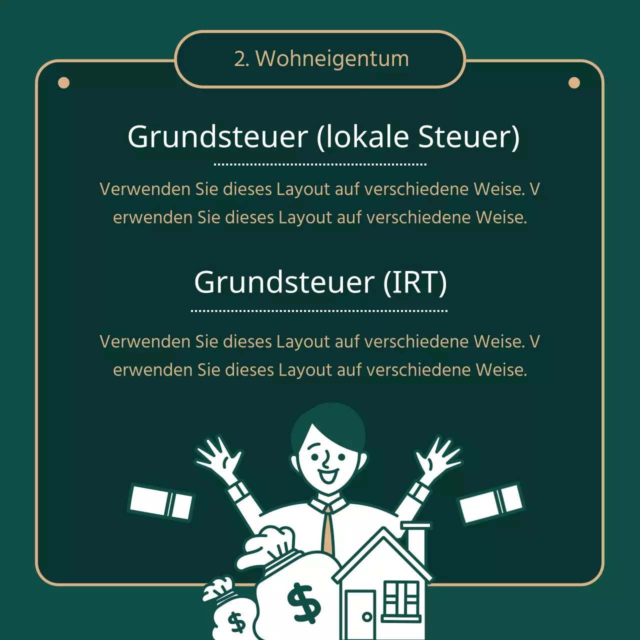 Informationen über die Grundsteuer in grüner (dunkler) und goldener Schrift