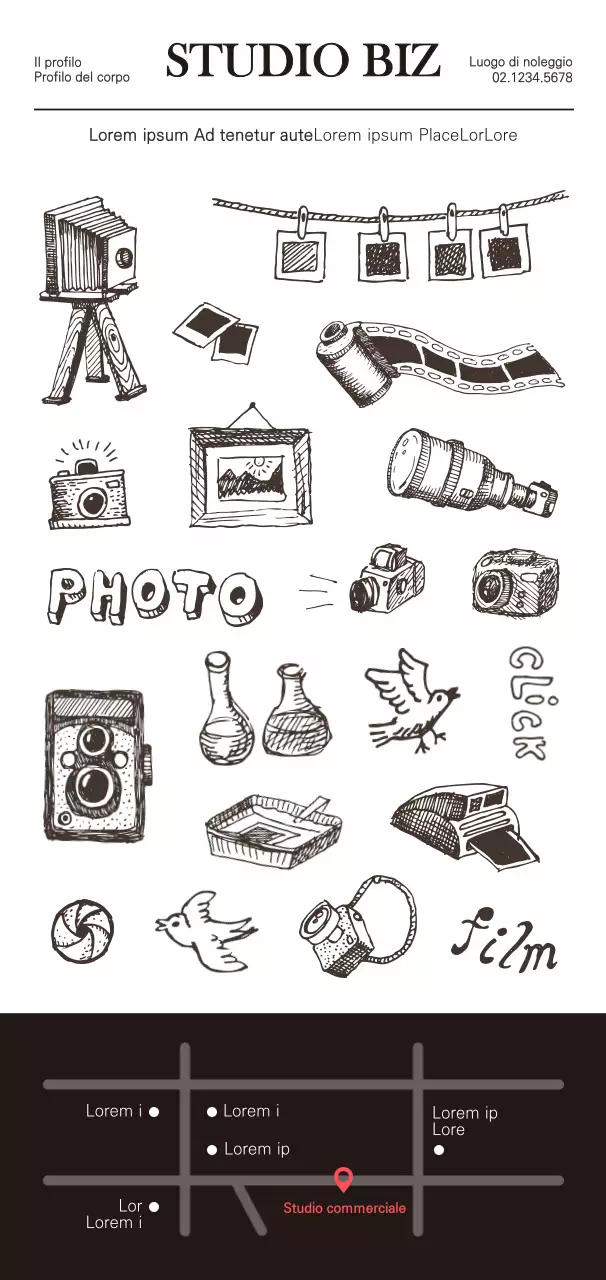 Stile pulito ed emozionale in nero e rosso per un'illustrazione promozionale di uno studio.