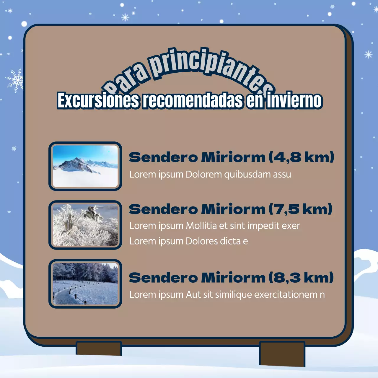 Seguridad invernal en montaña con señales granate y azul claro