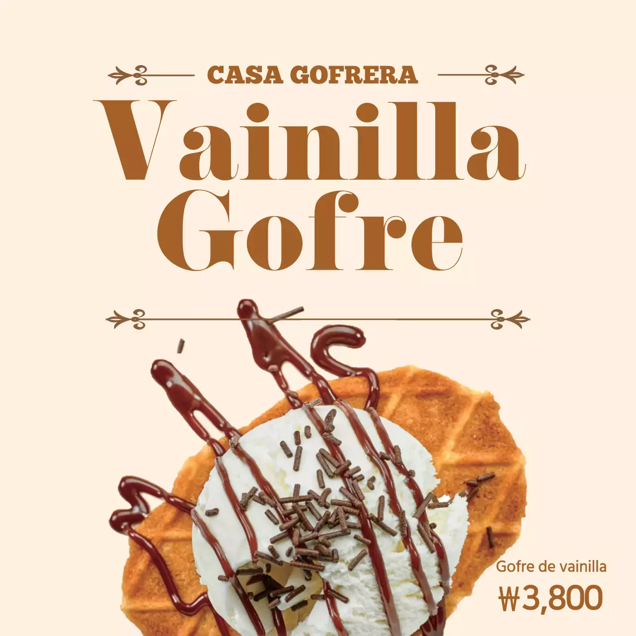 Promociona la carta de gofres de un restaurante vintage con fotografías marrones