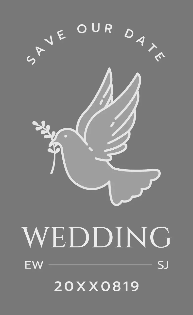 ダークグレーの花と鳥のイラストが描かれた結婚式の案内状用。