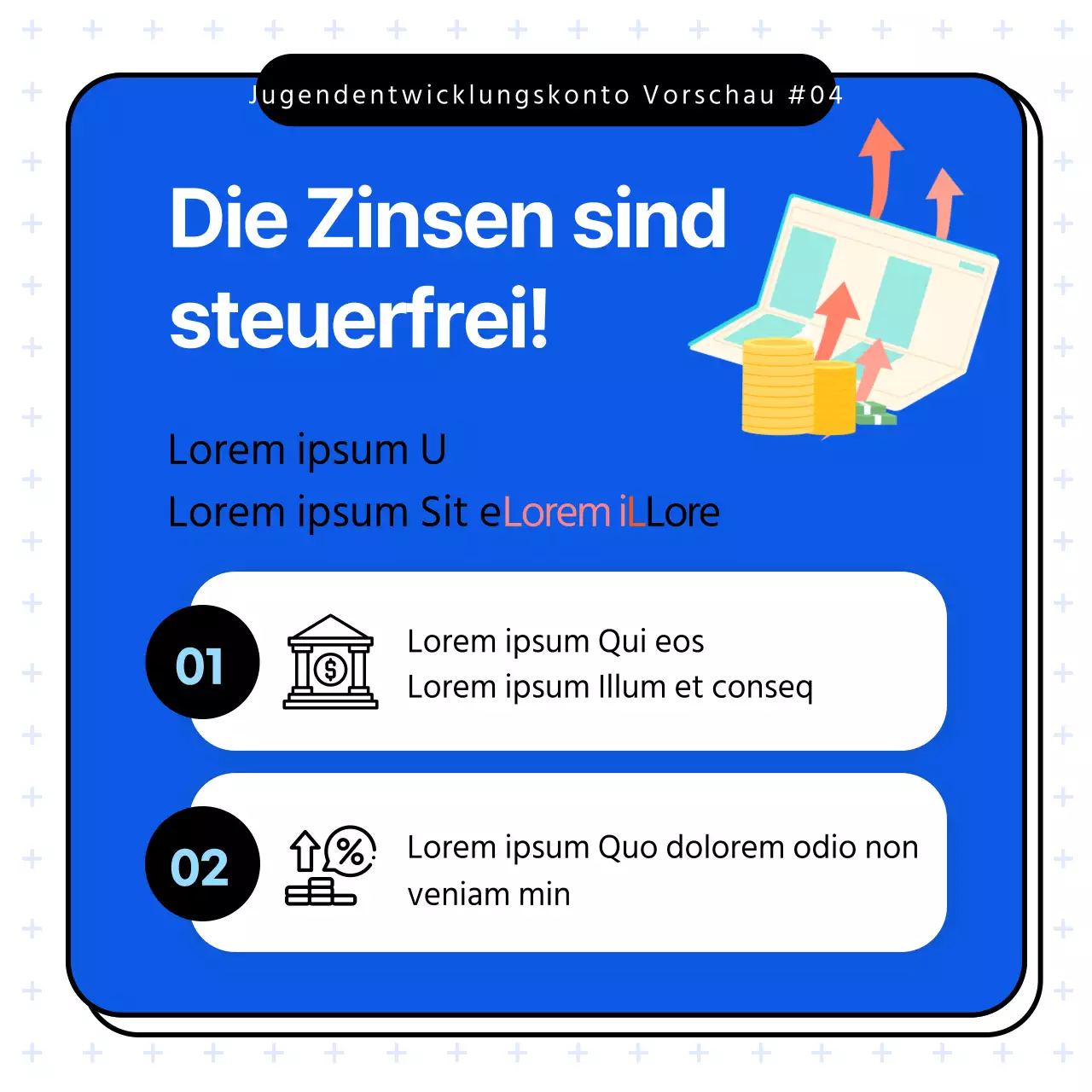 Blau-weiß illustriertes Werbematerial für Young Adult Accounts