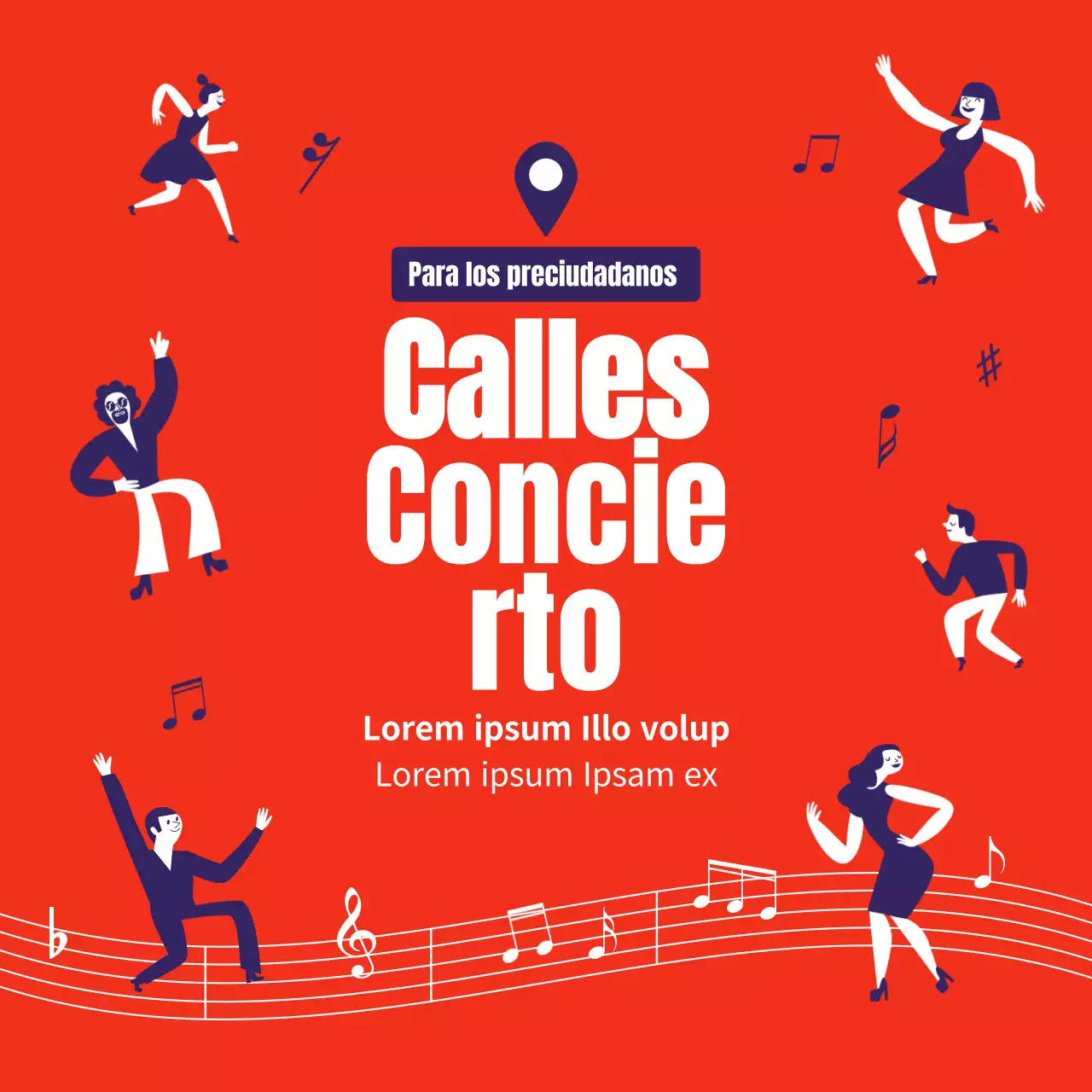 Cartel de concierto callejero en tonos naranja y añil