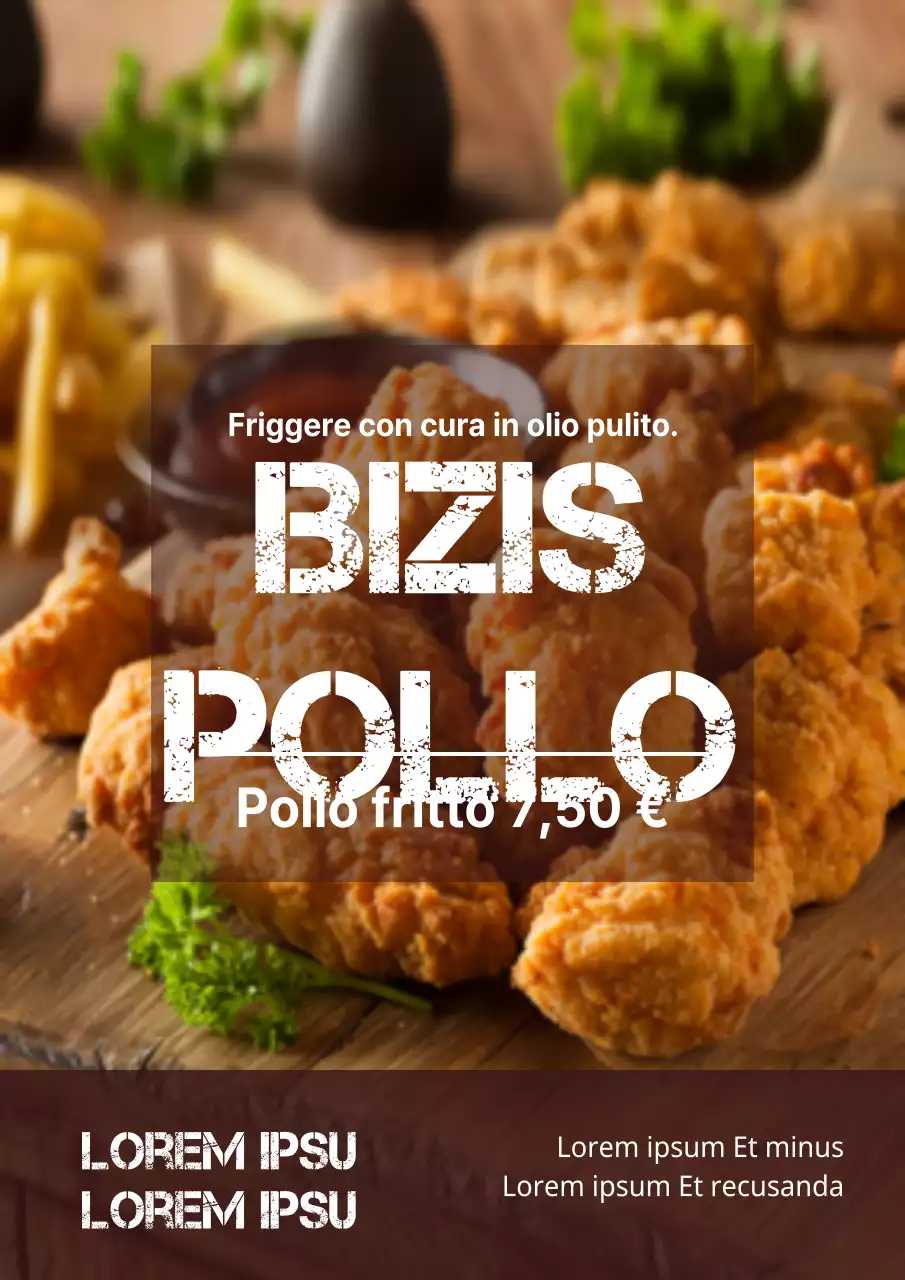 Promozione pulita di un negozio di karaage con testo marrone sgranato