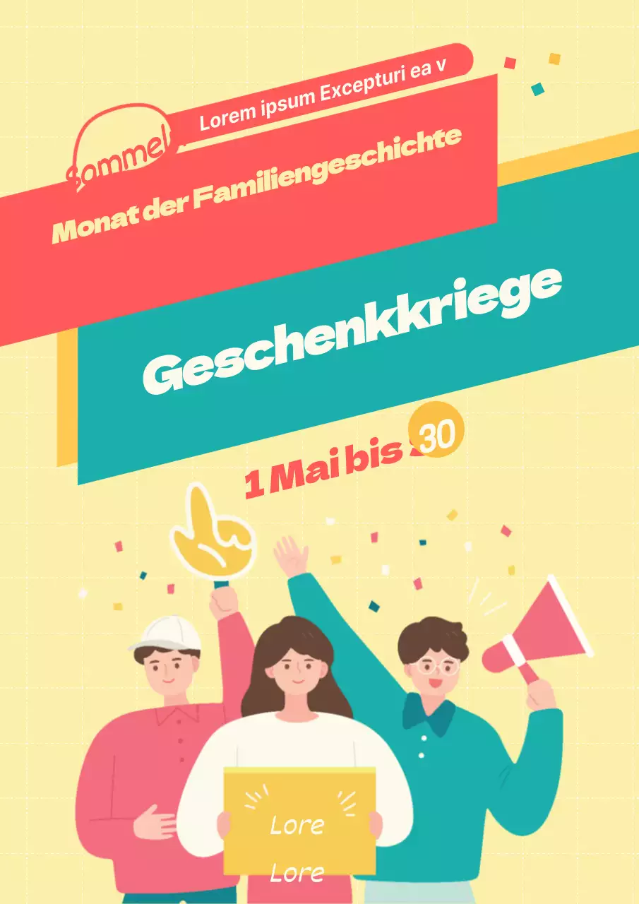 Bewerben Sie einen Super-Frühbucherrabatt für den Monat Mai mit einer gelben Illustration einer Person und einem Bild eines Geschenks