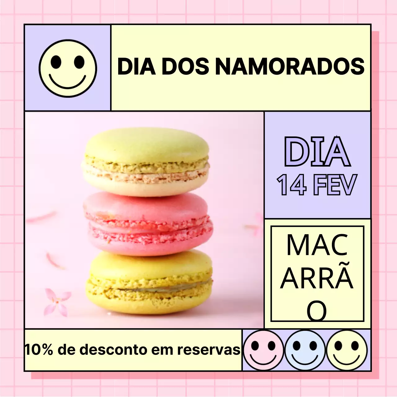 Desconto de macaron no Dia dos Namorados com um sorriso cor-de-rosa vivo conceito de mesa irregular