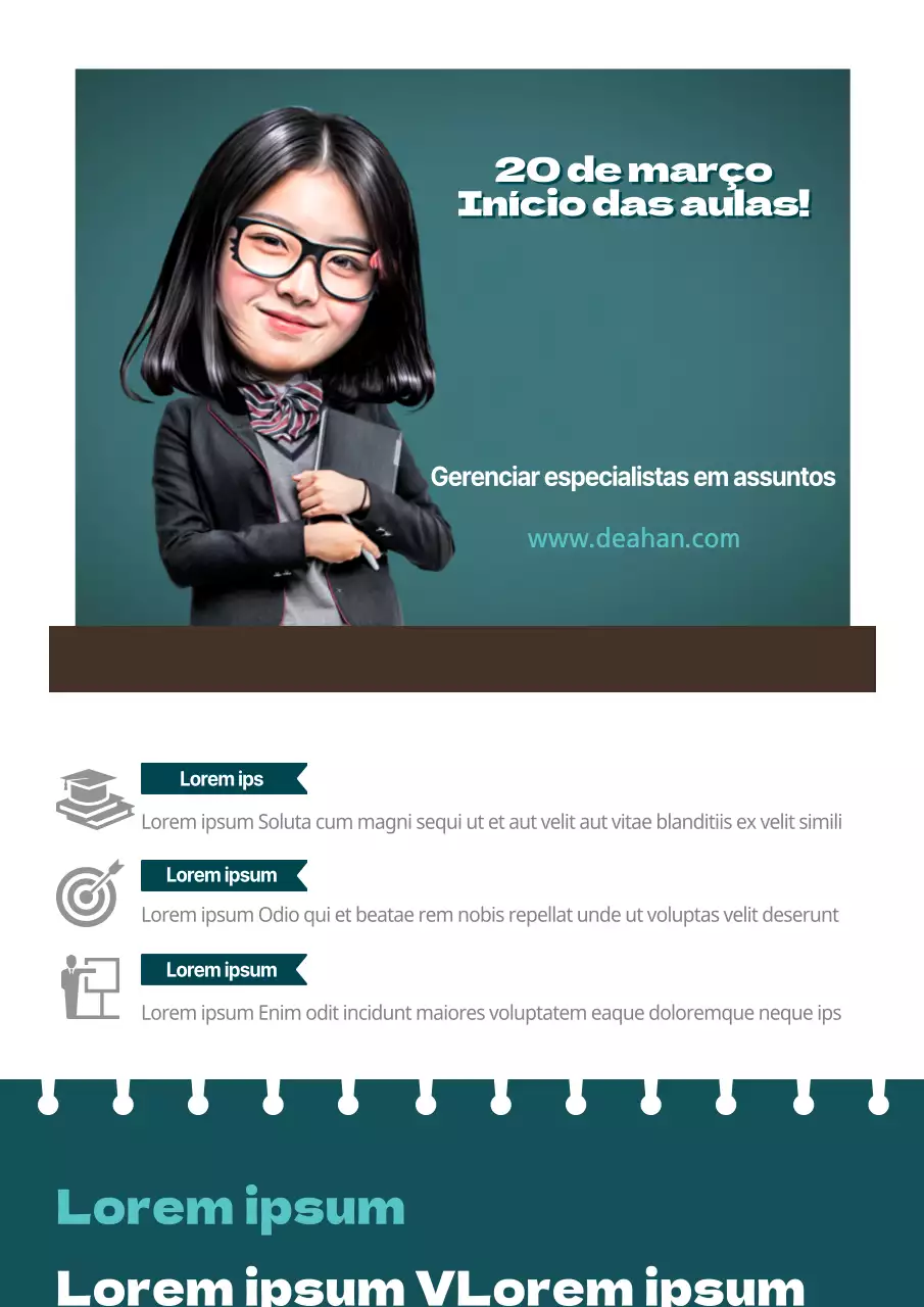 Características e promoções da escola com uma fotografia de uma aluna turquesa e sorridente