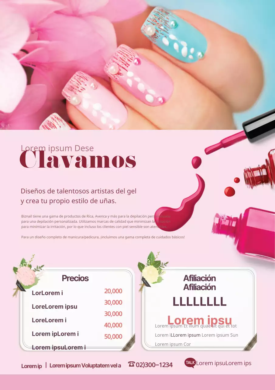 Folleto promocionando un colorido menú de salón de manicura en rosa.