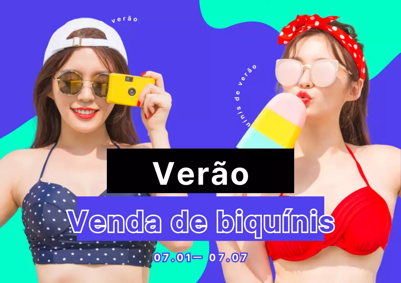 Um cartaz de venda de biquínis de verão com detalhes em azul e verde néon.