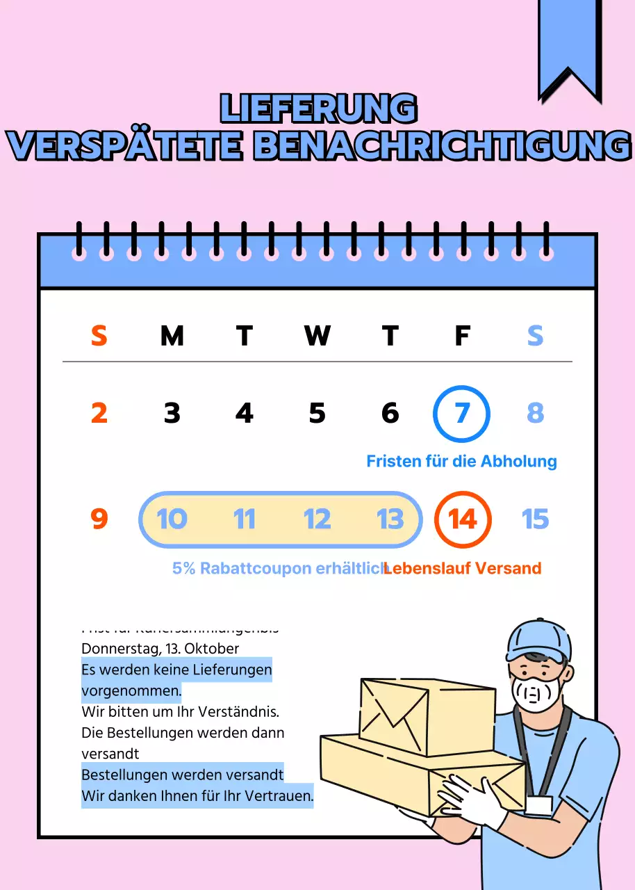 Eine minimalistische Benachrichtigung über eine verspätete Paketzustellung in Rosa und Hellblau