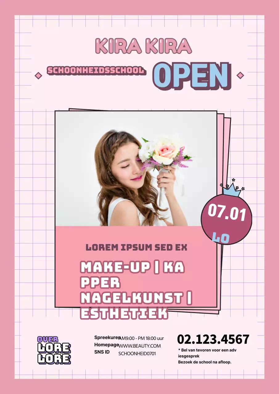 Promoot een leuk concept schoonheidsschool met een foto van een vrouwelijk model in roze.