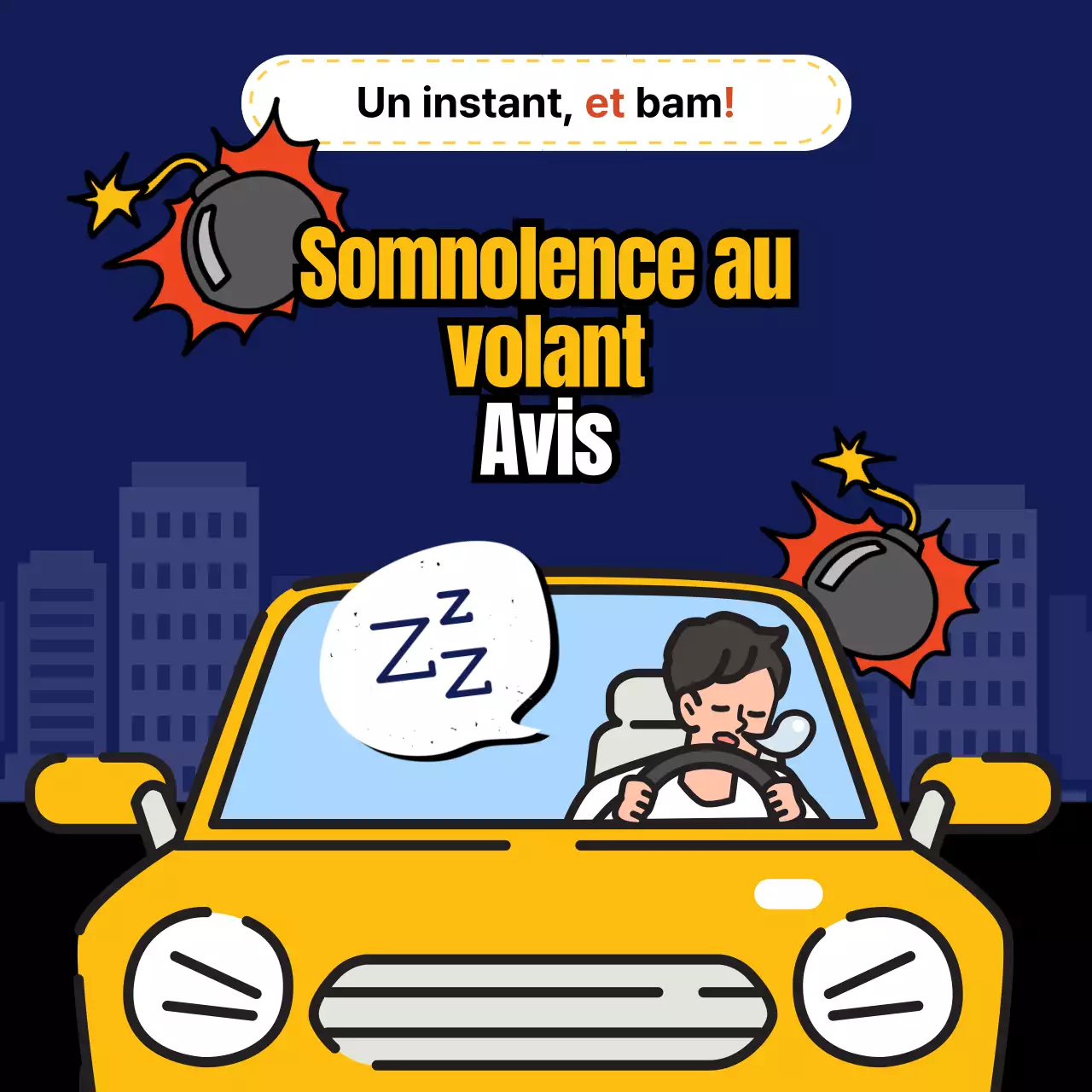 Avis de somnolence au volant avec thème bleu et jaune