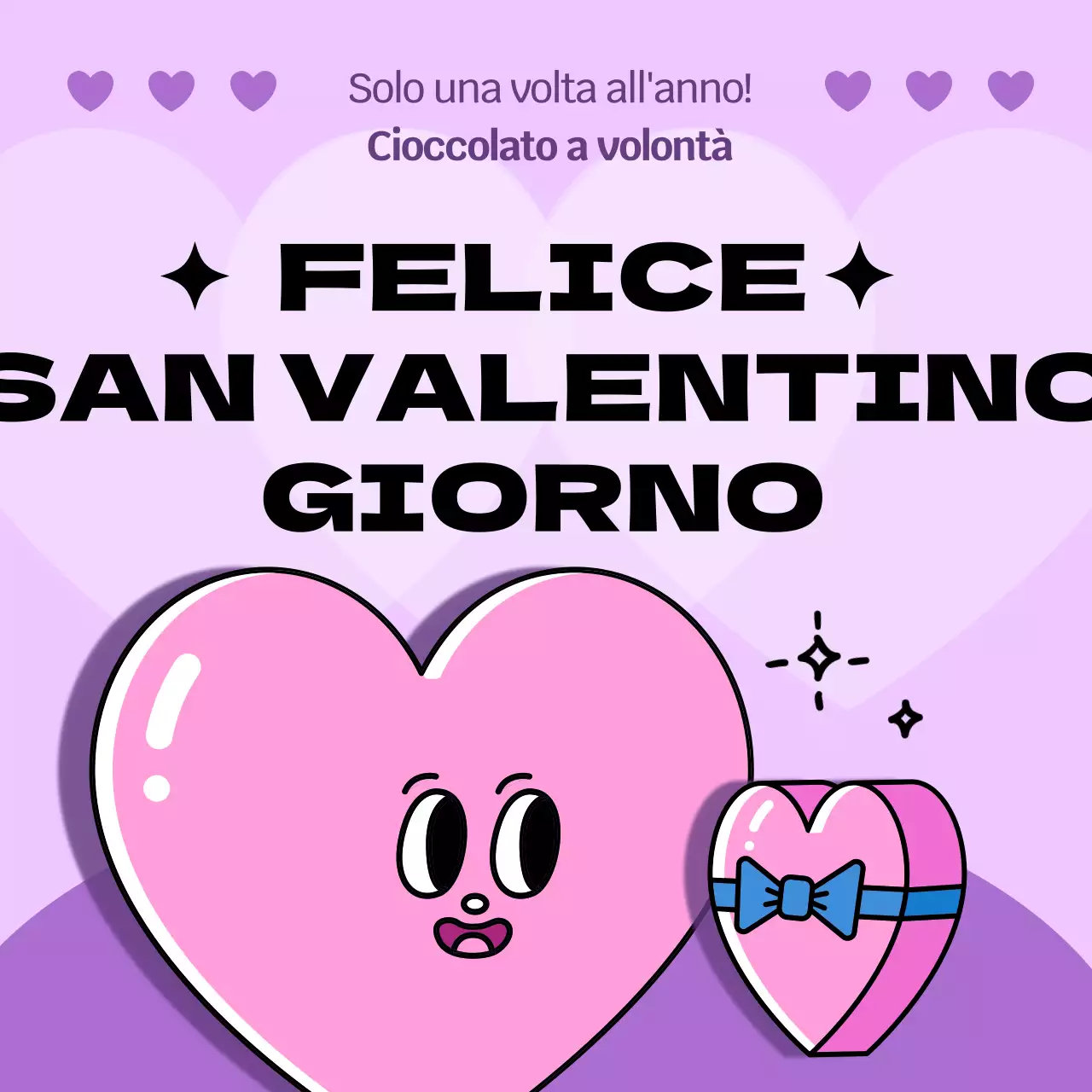 Evento di San Valentino con simpatiche illustrazioni di cuori rosa e viola