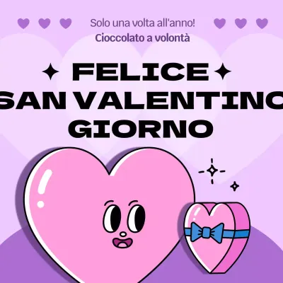 Evento di San Valentino con simpatiche illustrazioni di cuori rosa e viola