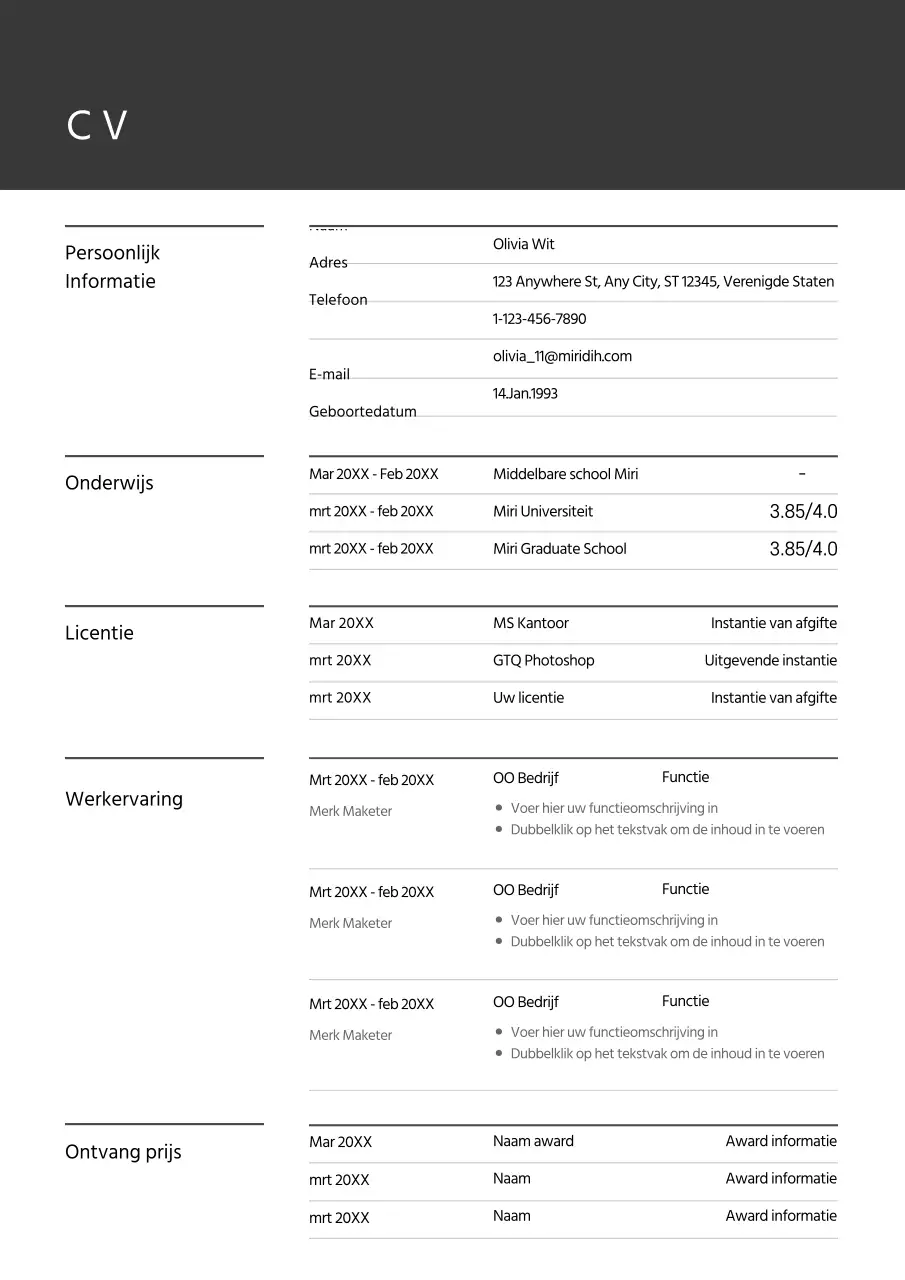 Een grijs, eenvoudig concept cv-formulier