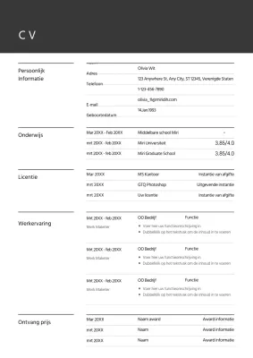 Een grijs, eenvoudig concept cv-formulier