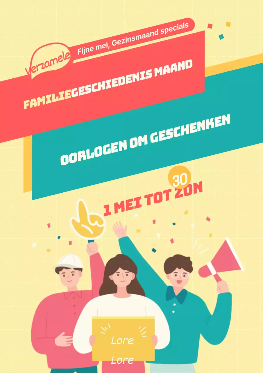 Promoot een supervroege vogelkorting voor de maand mei met een gele illustratie van een persoon en een afbeelding van een cadeau