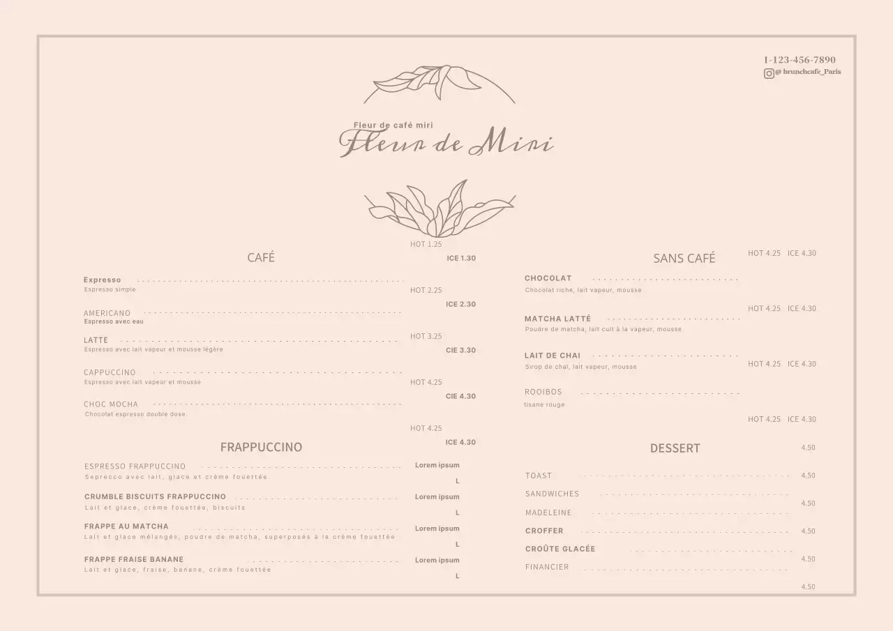 Affiche du menu d'un café avec une fleur rose et luxueuse