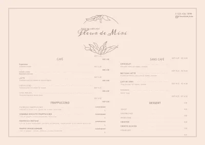 Affiche du menu d'un café avec une fleur rose et luxueuse
