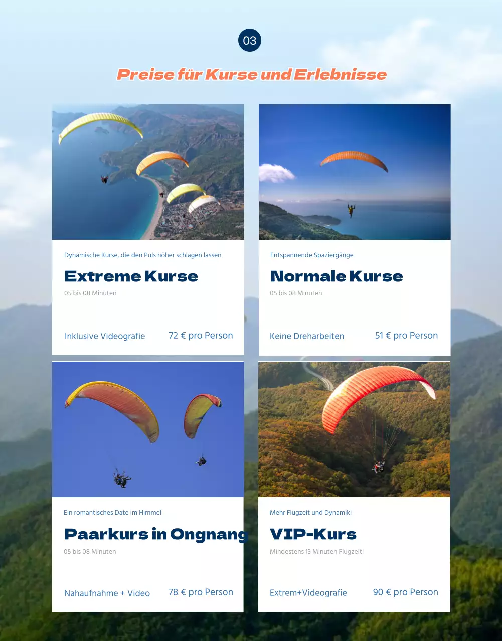 Gleitschirm-Detailseite mit orangefarbenen Akzenten in SkyConcept