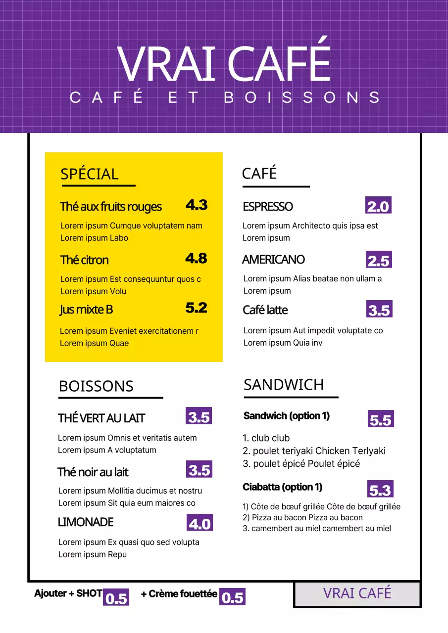 Panneau violet blanc pour le menu des boissons d'un café