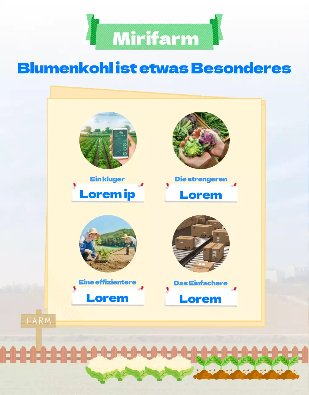 Ein Führer zu einer Blumenkohlfarm mit einem niedlich illustrierten blau-grünen Thema
