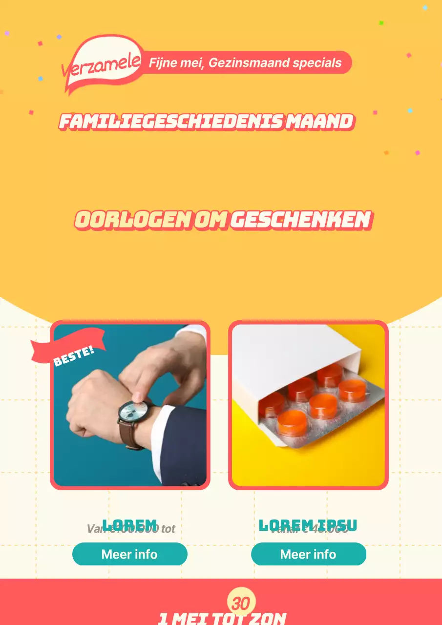 Promoot een supervroege vogelkorting voor de maand mei met een gele illustratie van een persoon en een afbeelding van een cadeau