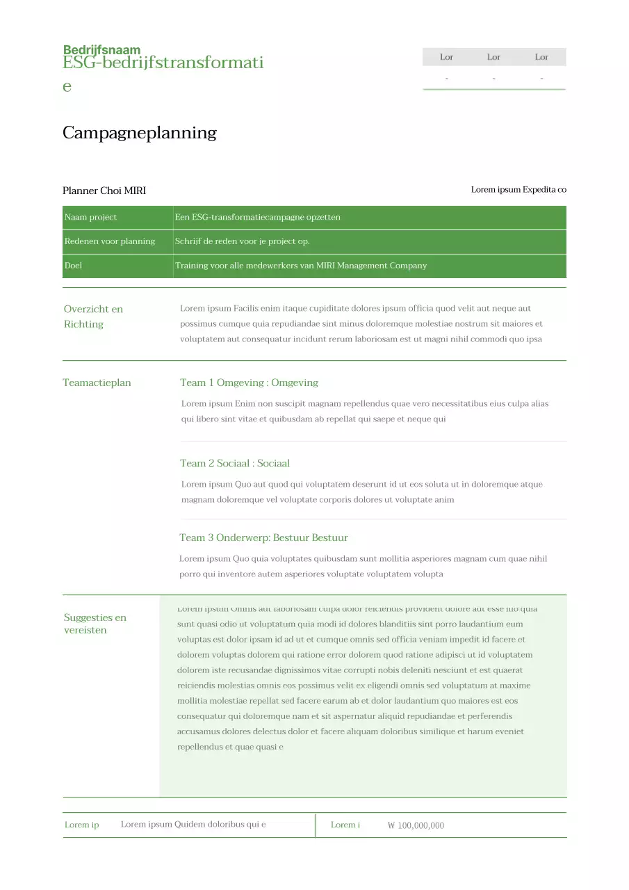 Het Basisplan van de ESG Managementtransformatiecampagne in chartreuse.