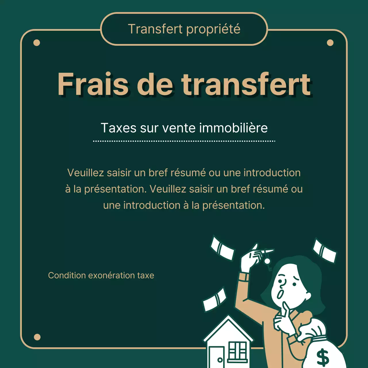 Fournit des informations sur les taxes foncières surlignées en vert (foncé) et des illustrations en or.
