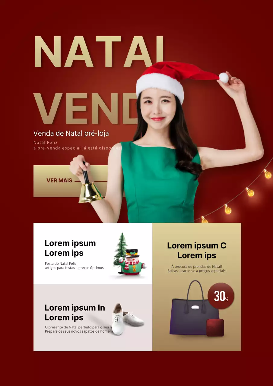Promover um evento de vendas de Natal com uma fotografia sua com um gorro vermelho de Pai Natal