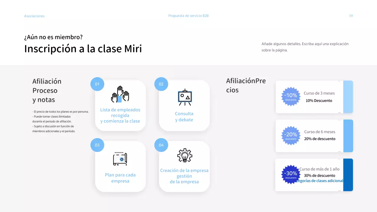 Presentación de propuesta de servicios a empresas con un esquema de color azul claro