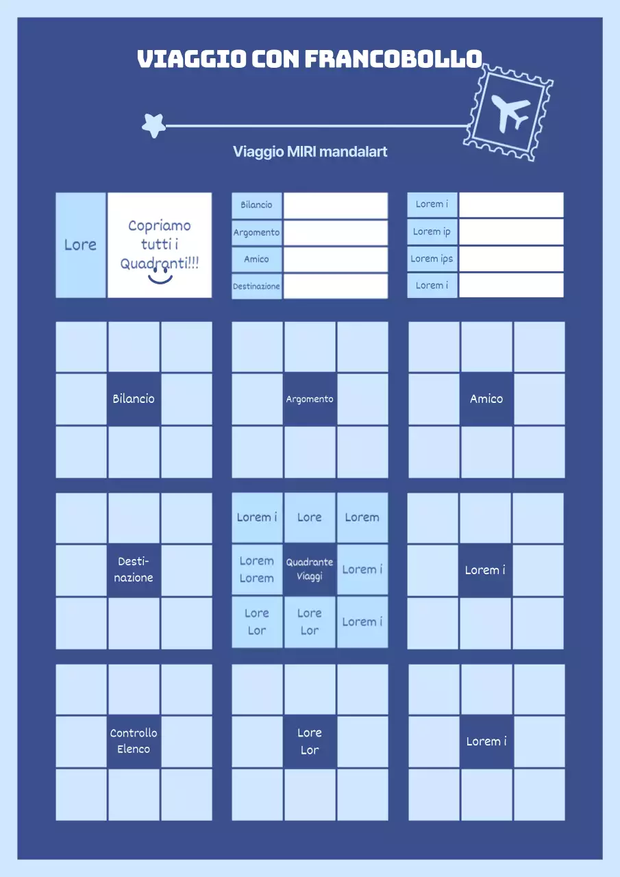 Illustrazione di un aereo nei toni del blu Timbro di viaggio che rompe i mandala