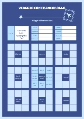 Illustrazione di un aereo nei toni del blu Timbro di viaggio che rompe i mandala