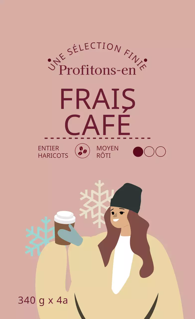 Étiquette d'emballage de grains de café illustrée en violet-rose