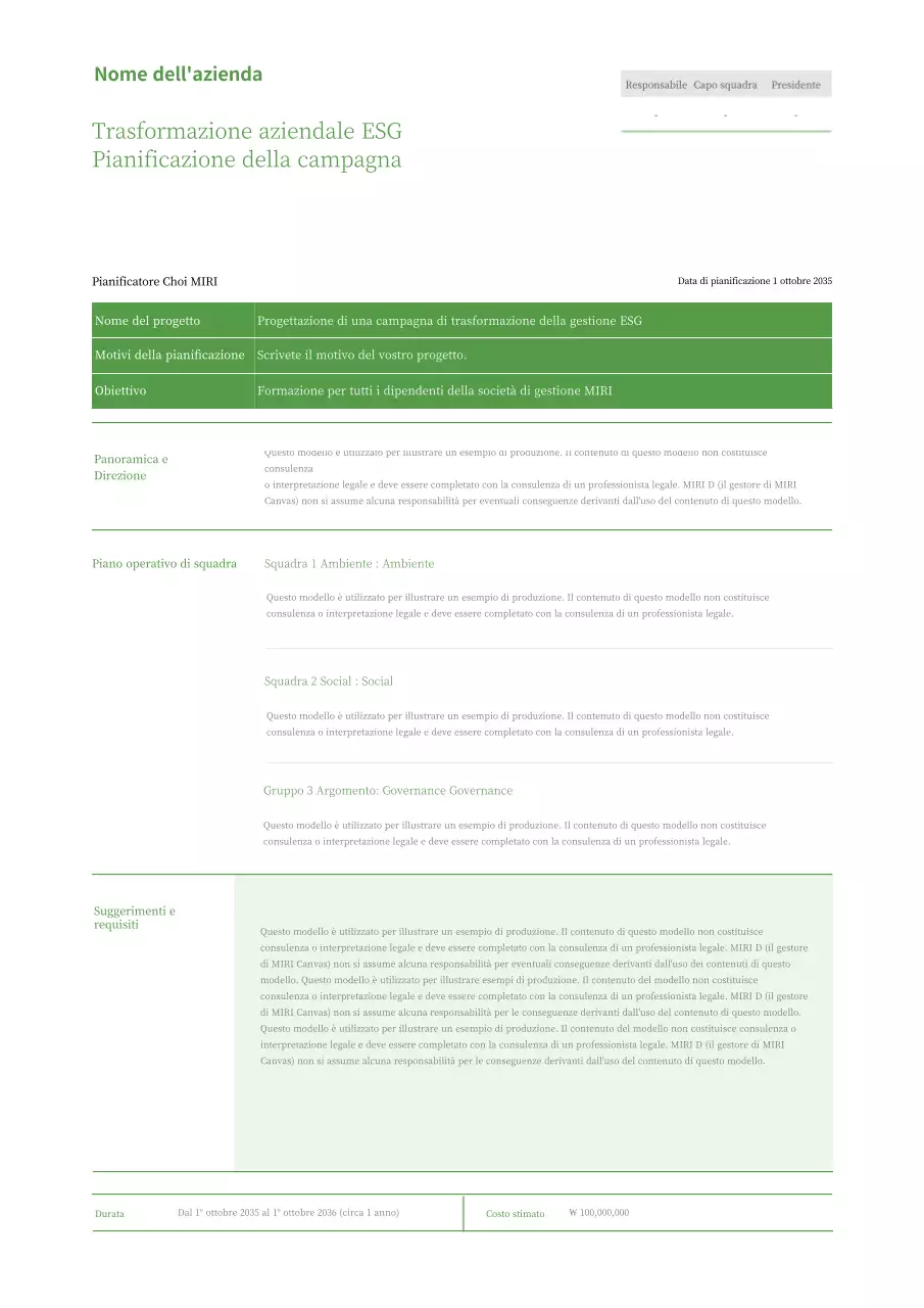 Il piano di base della campagna di trasformazione della gestione ESG in chartreuse.