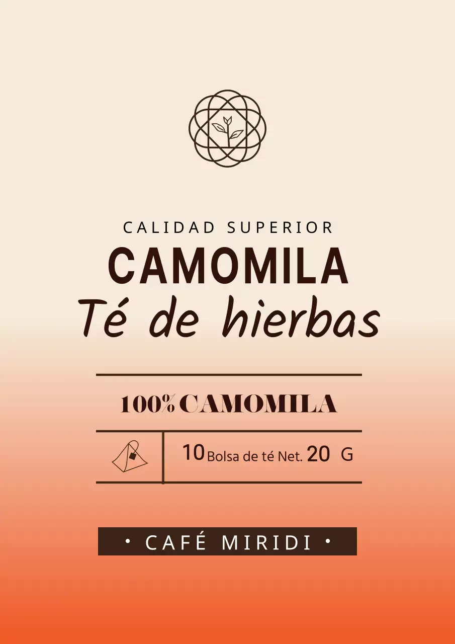 Diseño sencillo de etiqueta de bolsita de té de manzanilla con degradados de naranja